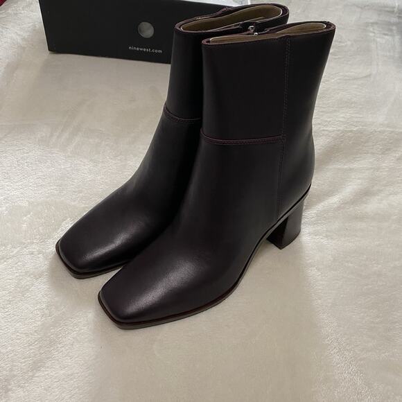 Nine West Dither Ankle Boot Women's Merlot 600 Leather Zip Up Block Heel Size 8 - Picture 2 of 7